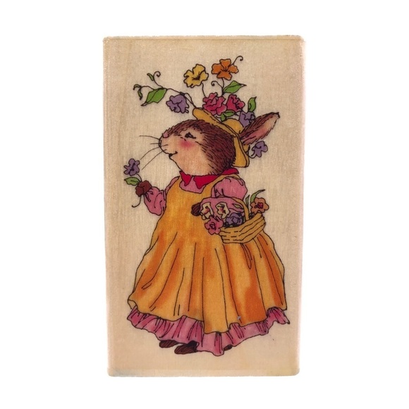 HOLLY POND HILL Susan Wheeler Wood Rubber Rabbit Stamp Elizabeth With Flowers - Picture 1 of 5